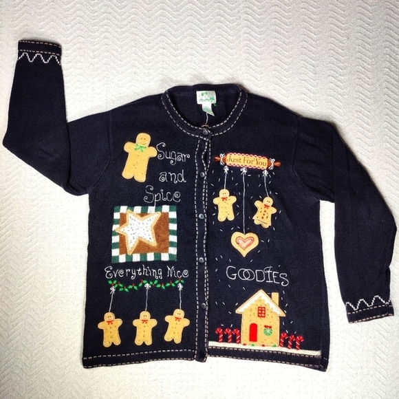 The Quacker Factory Ugly Christmas Sweater Cardigan sugar & Spice Gingerbread L - Picture 1 of 11